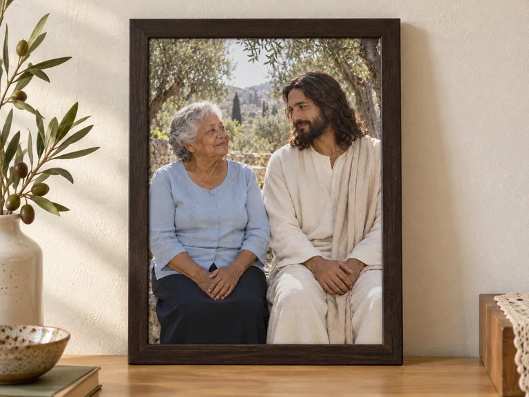Quadro de madeira escura com o retrato de uma senhora ao lado de Jesus, apoiado em um aparador de madeira numa sala