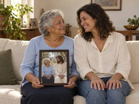 Mãe e filha com um quadro personalizado com Jesus