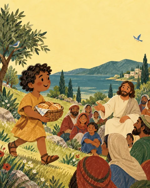 Ilustração de exemplo de uma criança com um cesto de pães perto de Jesus